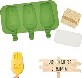 Formas Sorvete Picole Caseiro Silicone Com 3 Cavidades Tampa 100 palitos (Coelhinho)
