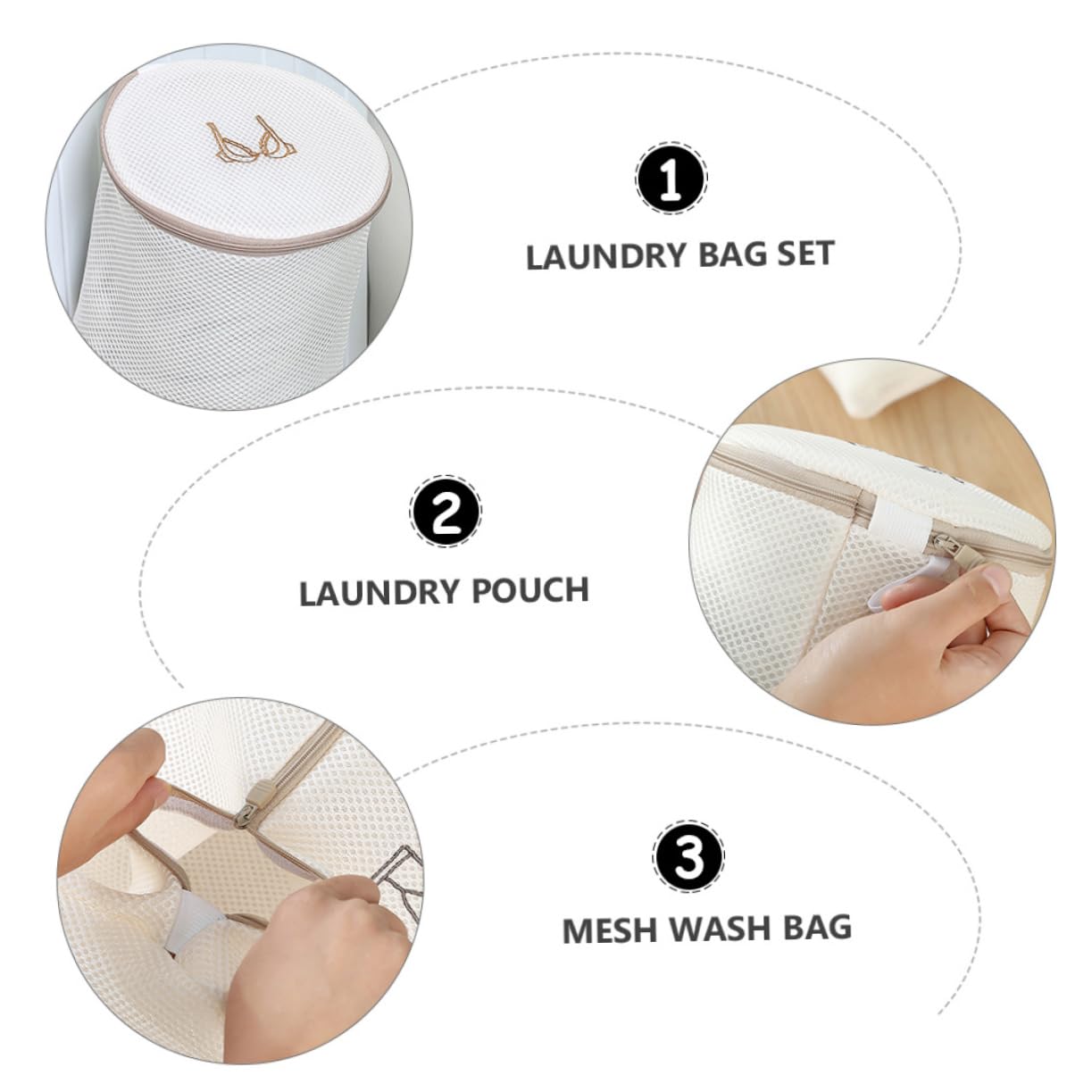 Set 6 Sacchetti per Lavanderia Ricamati Beige in Poliestere | Rete per Lavaggio, Separa Capi Sporchi e Puliti, Protegge Cerniere e Tessuti Durante Ciclo