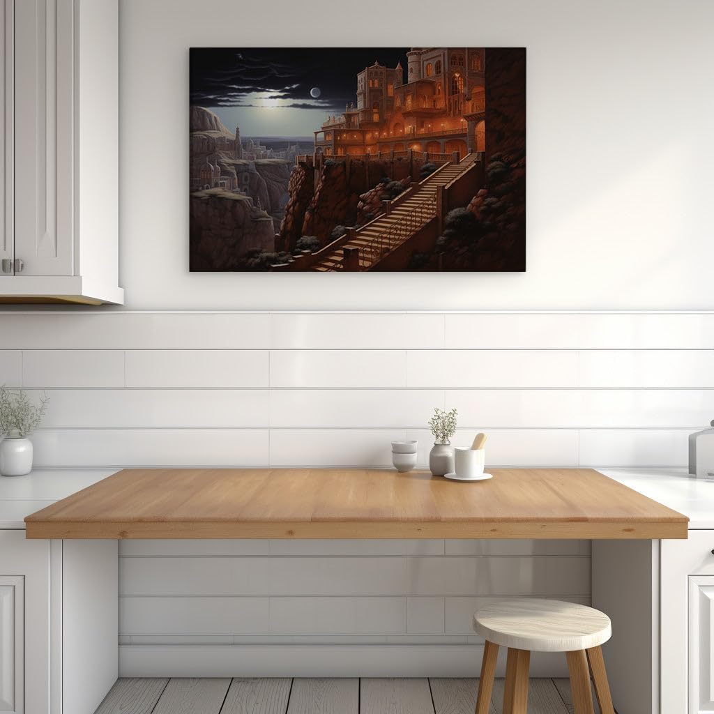 Canvas for Living room. Majestic Heights: The Enigmatic Palace Under the Moonlit Sky, 27 x 18 inch Canvas Wall Art - Modern Home Decor - 69x46 cm (27x18 inch)