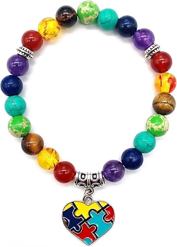 Caiyao Pulsera de concientización sobre el autismo con forma de corazón, cruz, disco, rompecabezas para autismo, pulsera elástica de 7 chakras,