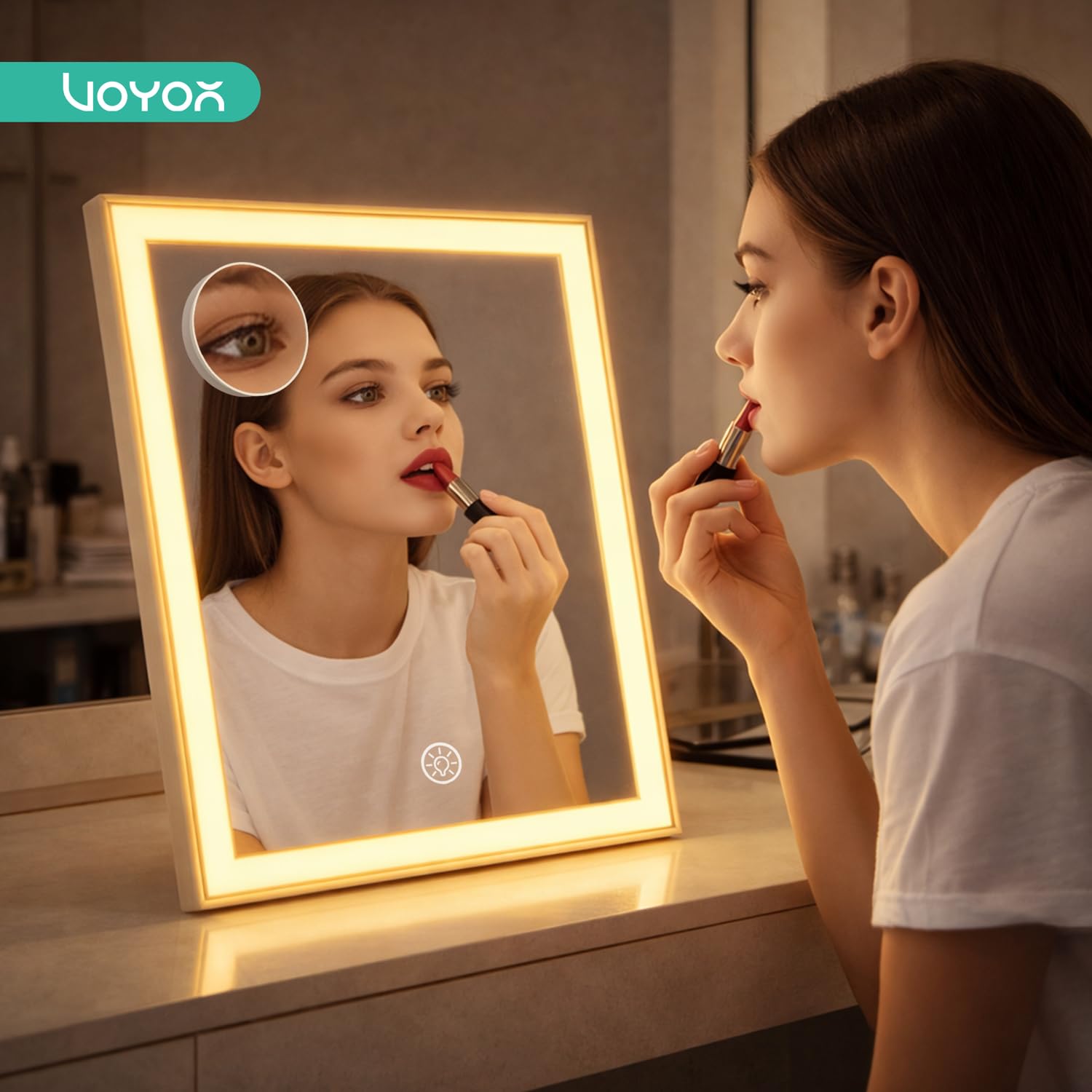 VOYOR Specchio Trucco con Luci, 30 x 25 cm Specchio Ricaricabile con 3 Modalità Luce, Touch Intelligente, Ingrandimento 10X, Specchio LED per Toeletta, Scrivania e Camera da Letto, Bianco