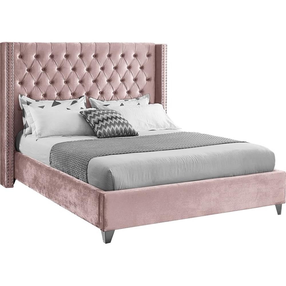 Photo 1 of *** GRAY COLOR AND TWO BOXES ****Meridian Furniture Aiden Collection Modern | Contemporary Velvet Upholstered Bed with Deep Button Tufting, Solid Wood Frame, and Custom Chrome Legs, Queen, Pink