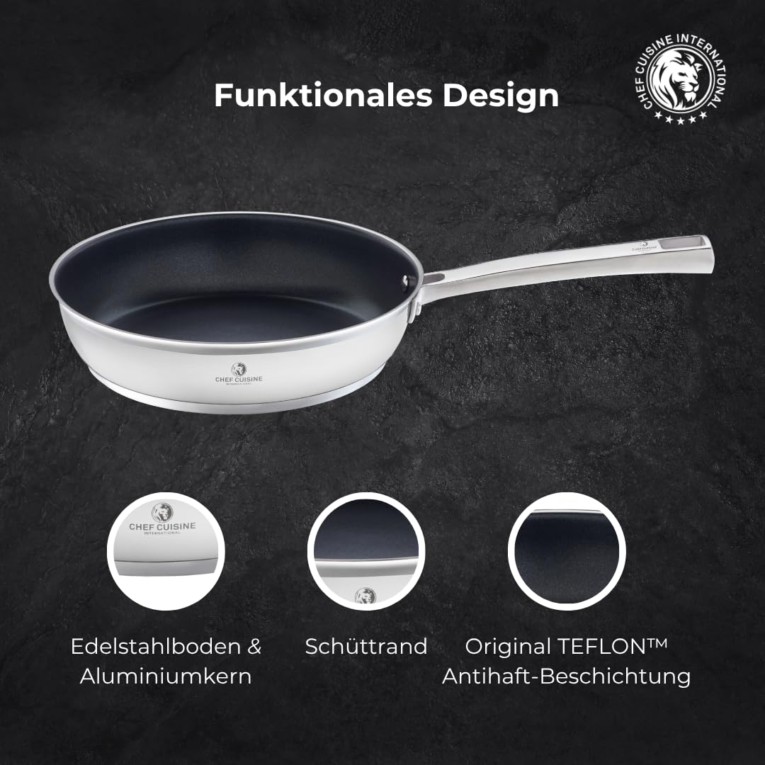CHEF CUISINE Bratpfanne mit Teflon Antihaft Beschichtung ganz ohne anhaften – Edelstahl mit Antihaft-Beschichtung – alle Herdarten inkl. Induktion - backofengeeignet (28 cm)