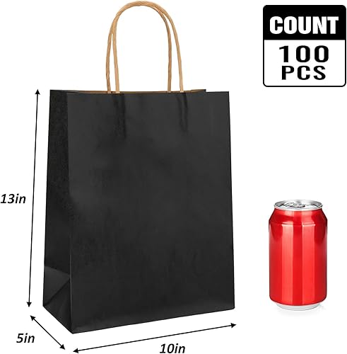 Miniatura 2 de Moretoes 100 bolsas de papel de regalo de 10 x 5 x 13 pulgadas, bolsas de papel kraft negro con asas a granel, bolsas de compras, bolsas de venta al