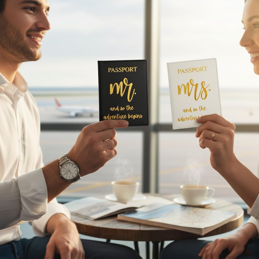 Mr & Mrs Luggage Tags and Passport Holder Set – Wedding Gift for Couples, Honeymoon Travel Accessories, Passport Covers with Luggage Tags for Bride and Groom (Style1) - Image 3