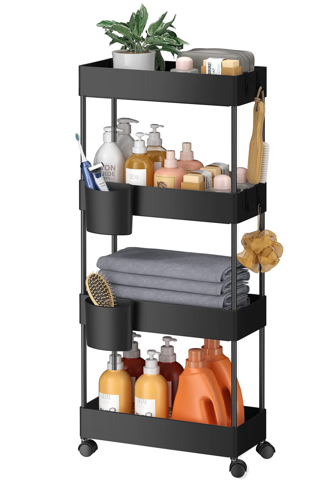 Pipishell Slim Storage Cart with Wheels, 4 Tier Bathroom Storage Organizer Rolling Utility Cart for Bathroom Kitchen Laundry Room Office Narrow Place ...