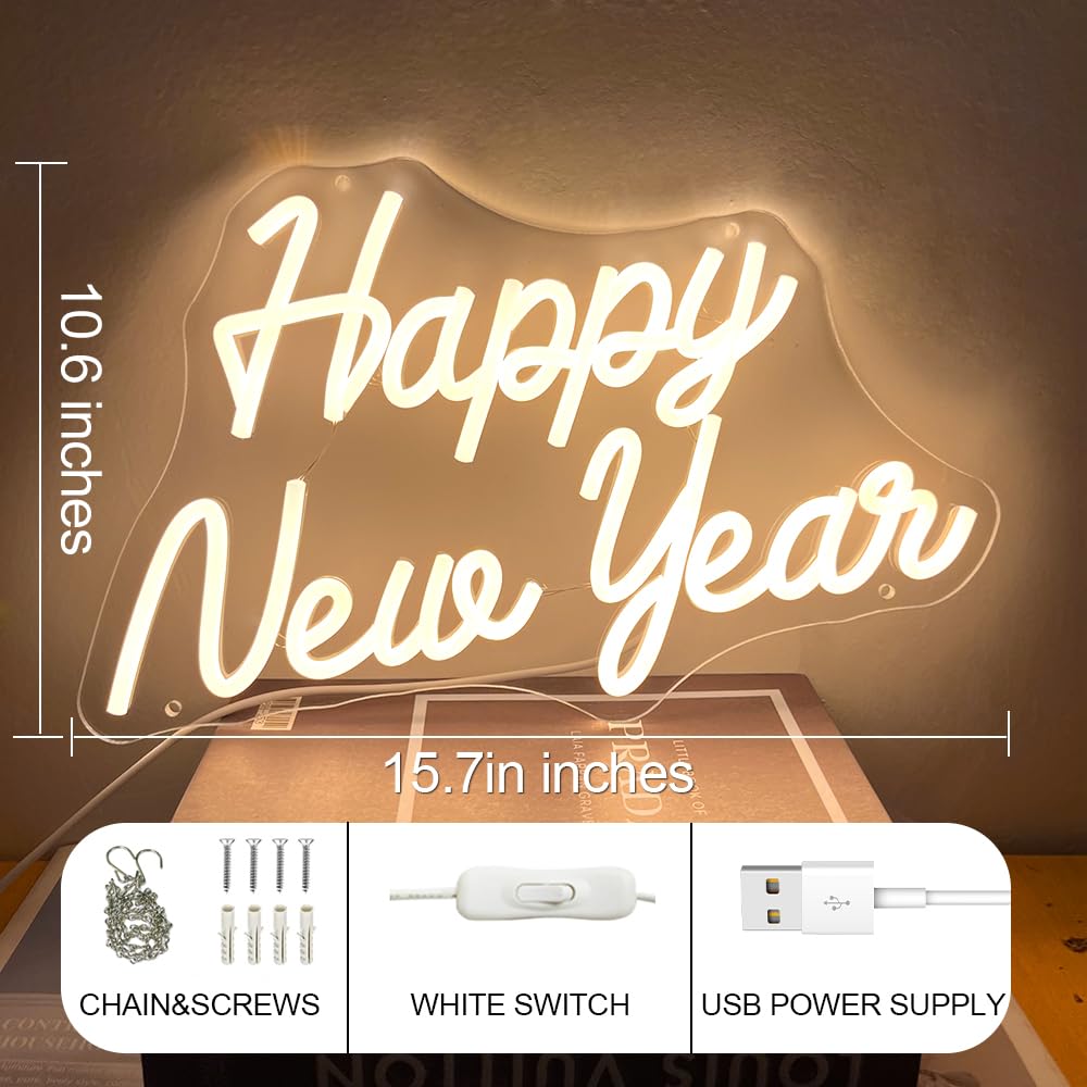 Neonowy znak "Happy New Year", zasilany bateriami, na Nowy Rok, dekoracja imprezowa, LED, szczęśliwego Nowego Roku, do domu, dekoracji ścian, sklepu, bożonarodzeniowych lampek okiennych