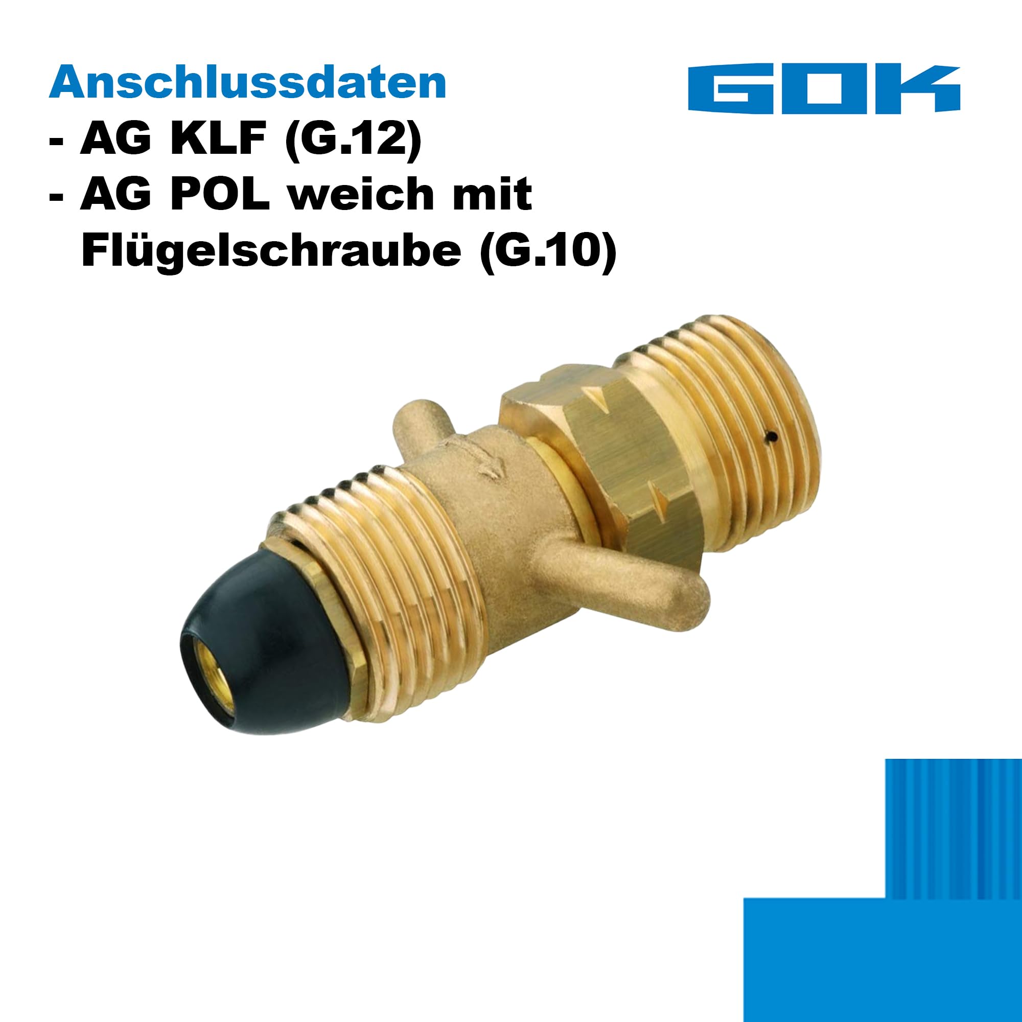 GOK Gasadapter Skandinavien, Euro Übergangsstück für Gasflasche, aus Messing, Gasflaschen-Adapter AG KLF (G.12) x AG POL weich mit Flügelschraube (G.10)