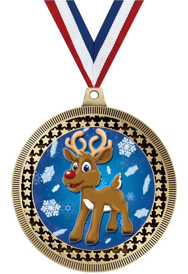 2.75" Reindeer with Snowflakes Medal Award, Gold Vega Reindeer with Snowflakes Team Trophy Award Includes Free Neck Ribbon Prime