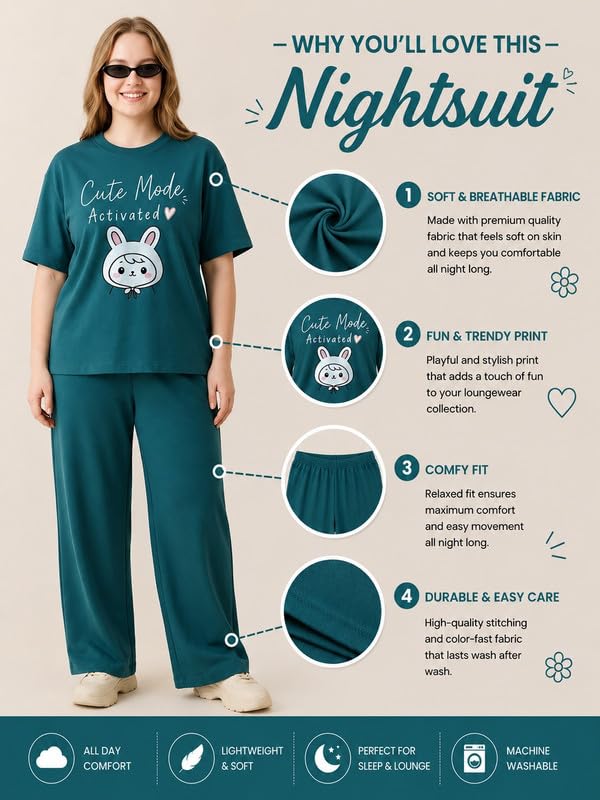 Image of My Swag Womens Nightsuit Set | Cute Bunny Graphic Print T-Shirt & Pajama | Soft Breathable Sleepwear and Loungewear Co-Ord Set for Women