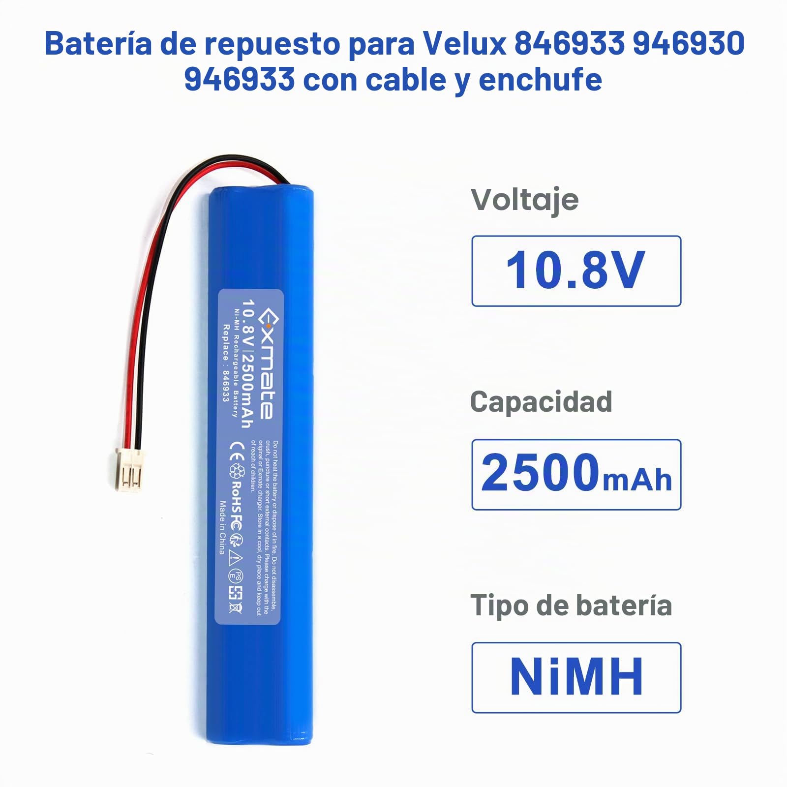 Exmate - Batería de repuesto para obturador Velux Roller Shutter 846933 946930 946933 946933 (10,8 V, 2500 mAh)