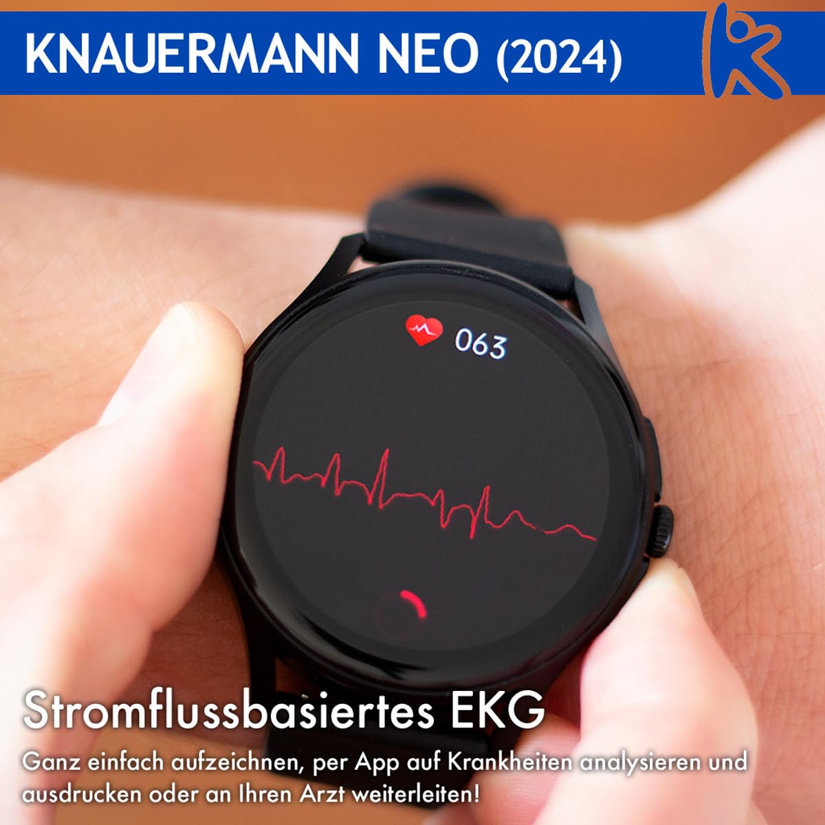 Knauermann Neo (2024) Gold Rund - Gesundheitsuhr Smartwatch - EKG + HRV Funktion - BT Bluetooth - Schlafapnoe - Blutdruck - Silikonband Schwarz, 14-24