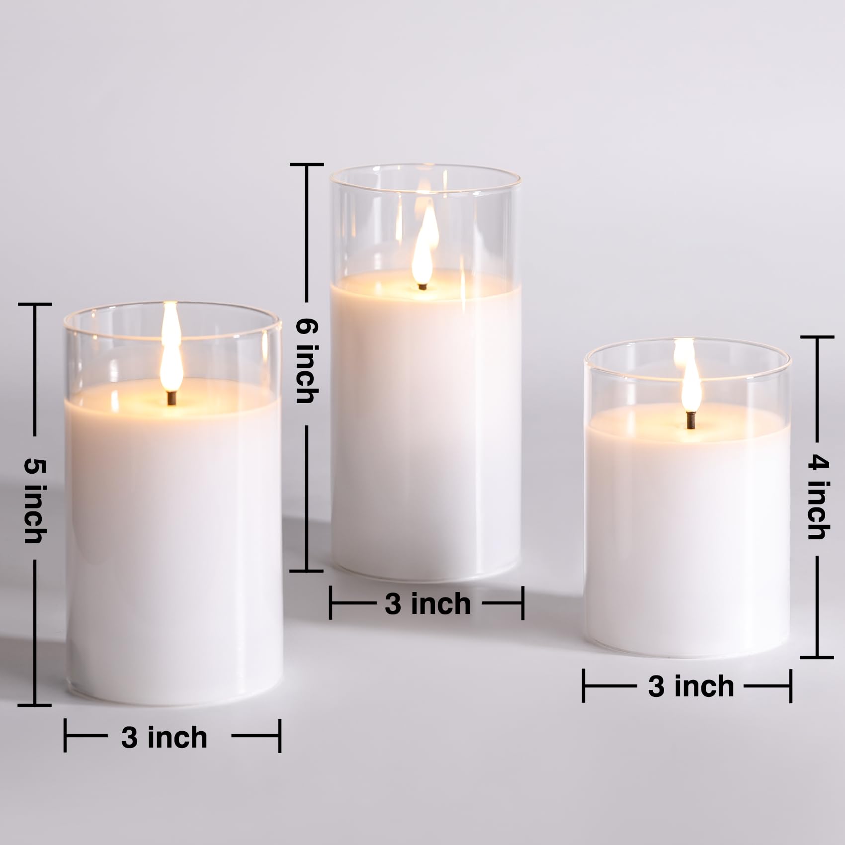 Eywamage Candele cilindriche in vetro trasparente, senza fiamma, tremolanti in movimento, candele a LED in vera cera a batteria, con telecomando, decorazione per la casa, set da 3