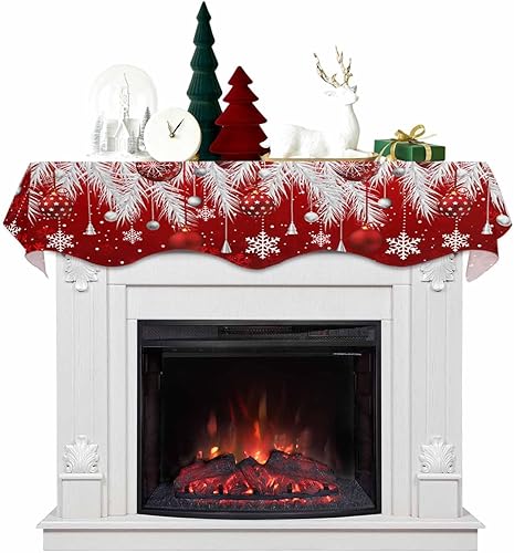Bufanda roja de Navidad, decoración de chimenea, bolas de Navidad, copos de nieve, agujas de pino plateado, mantel de chimenea, camino para