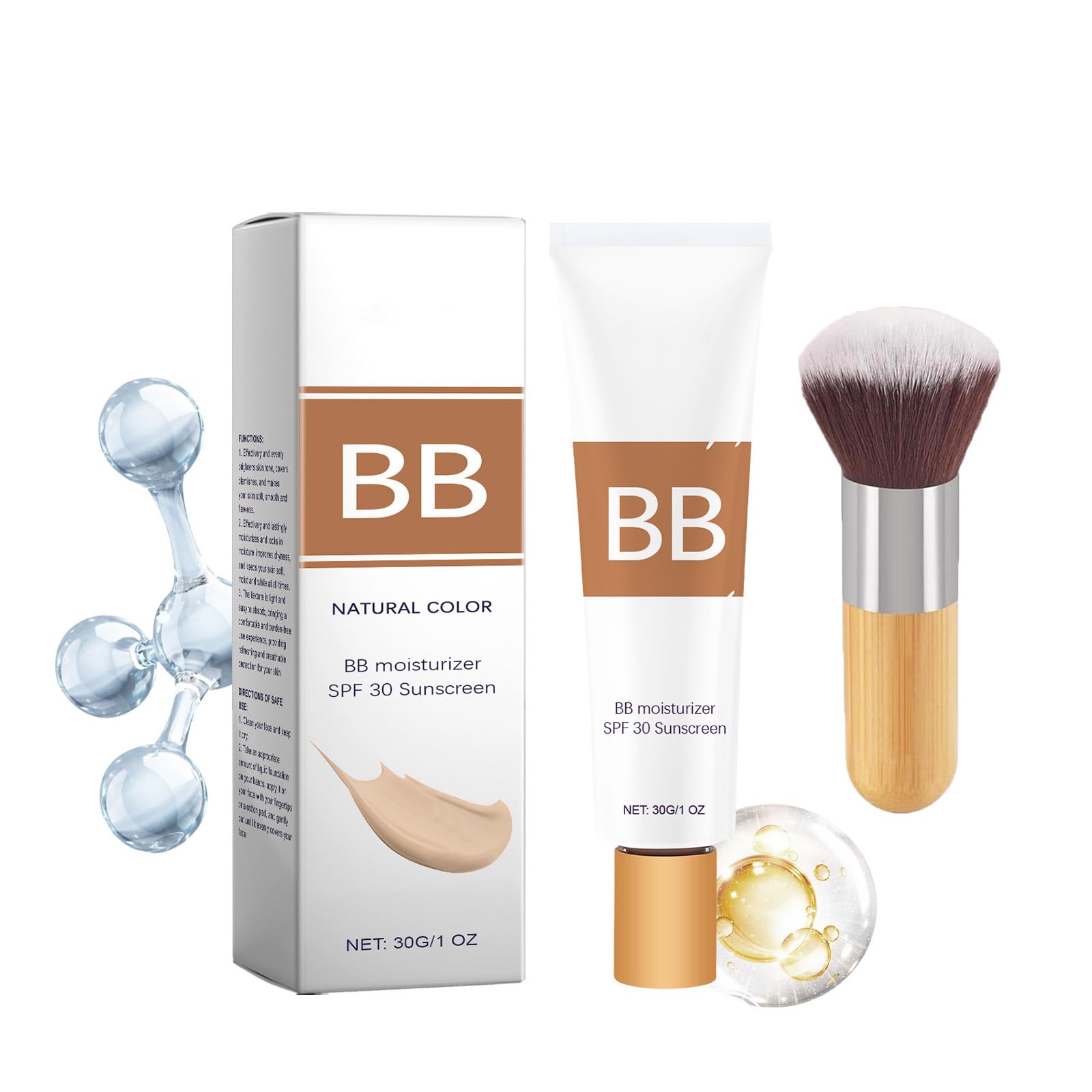 BB Blur Tinted Moisturizer Spf 30,BB Blur Tinted Moisturizer Broad Spectrum Spf 30 Sunscreen, BB Cream Tinted Moisturizer, BB Tinted Moisturizer Spf 30, with Brush ,Full Coverage (natural color)
