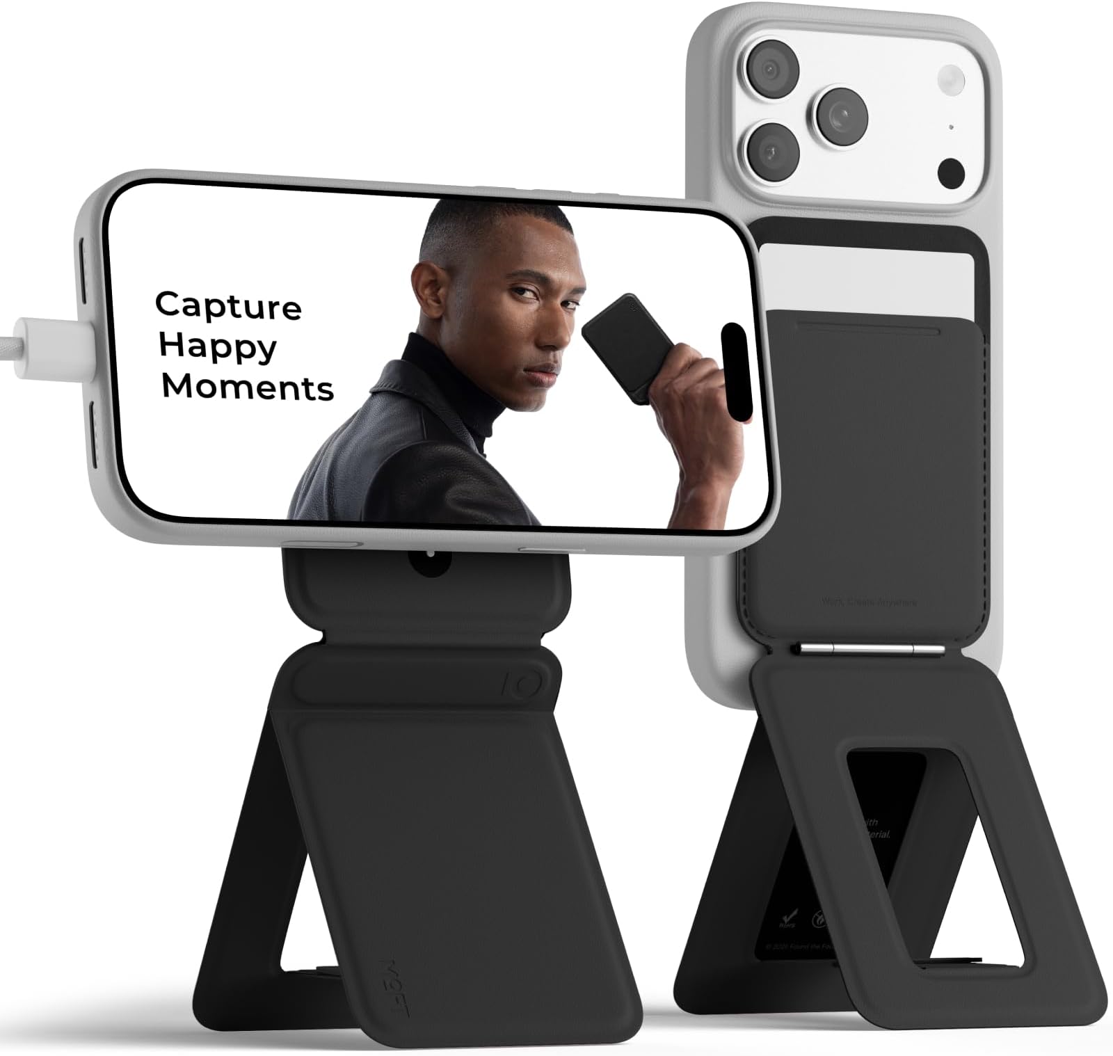 Phone Tripod Wallet for iPhone, Mulit-Angles, Lightweight & Portable Phone Stand, MOVAS Vegan Leather Magnetic Wallet, Strong Magnets, NFC Card Holder,Travel Essential, Jet Black (With Card Slot)