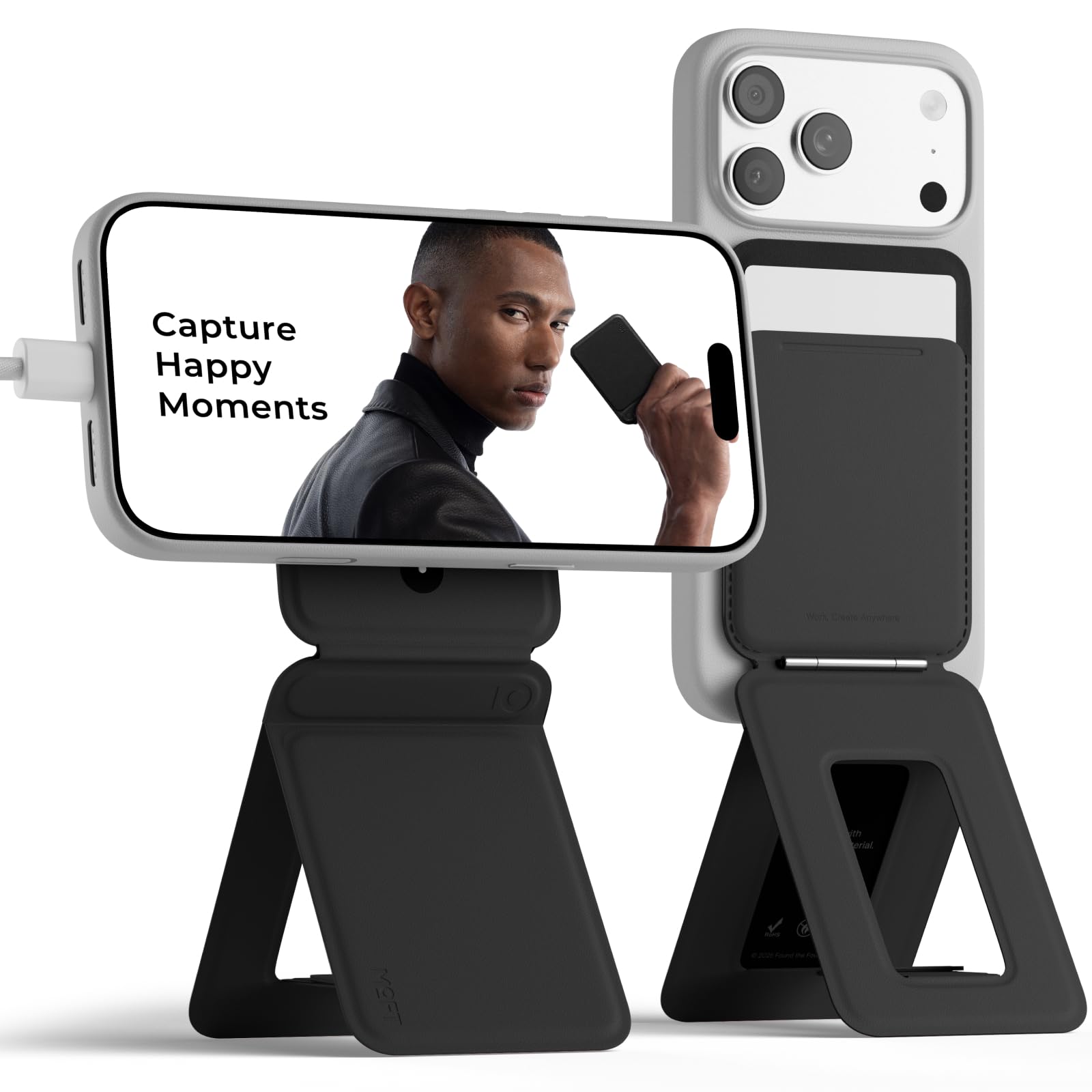 MOFT Portafoglio con treppiede per telefono, supporto magnetico a portafoglio, porta carte abilitato NFC, bastone per selfie tascabile, in pelle MOVAS, supporto regolabile per viaggi, vlog