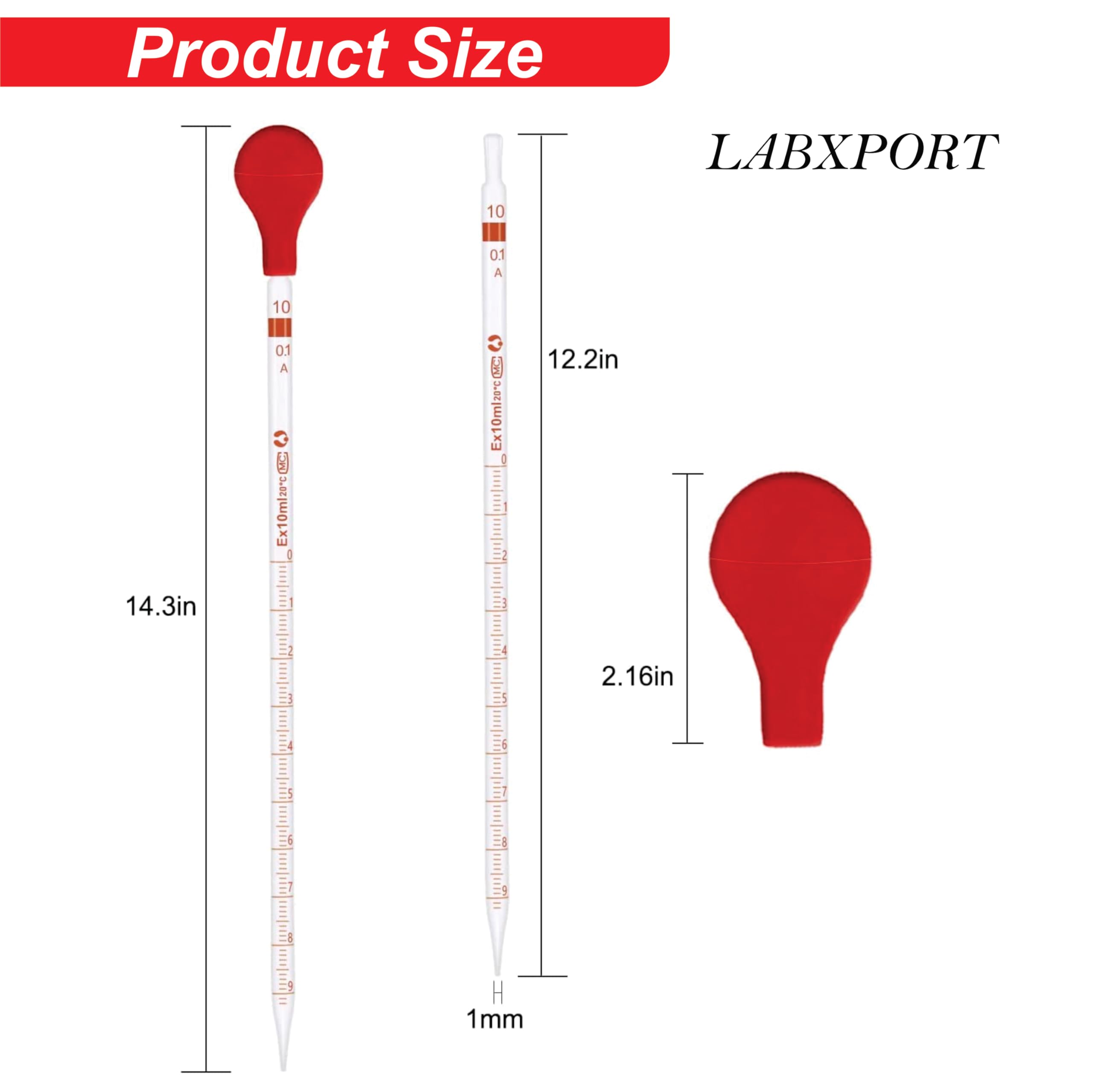 LABXPORT 10ml Glass Graduated liquid transfer Pipettes Droppers with Red Rubber Bulbs – for Lab Laboratory perfume making Cosmetics School College Science Experiments Essential Oils Home use - Image 2 thumbnail