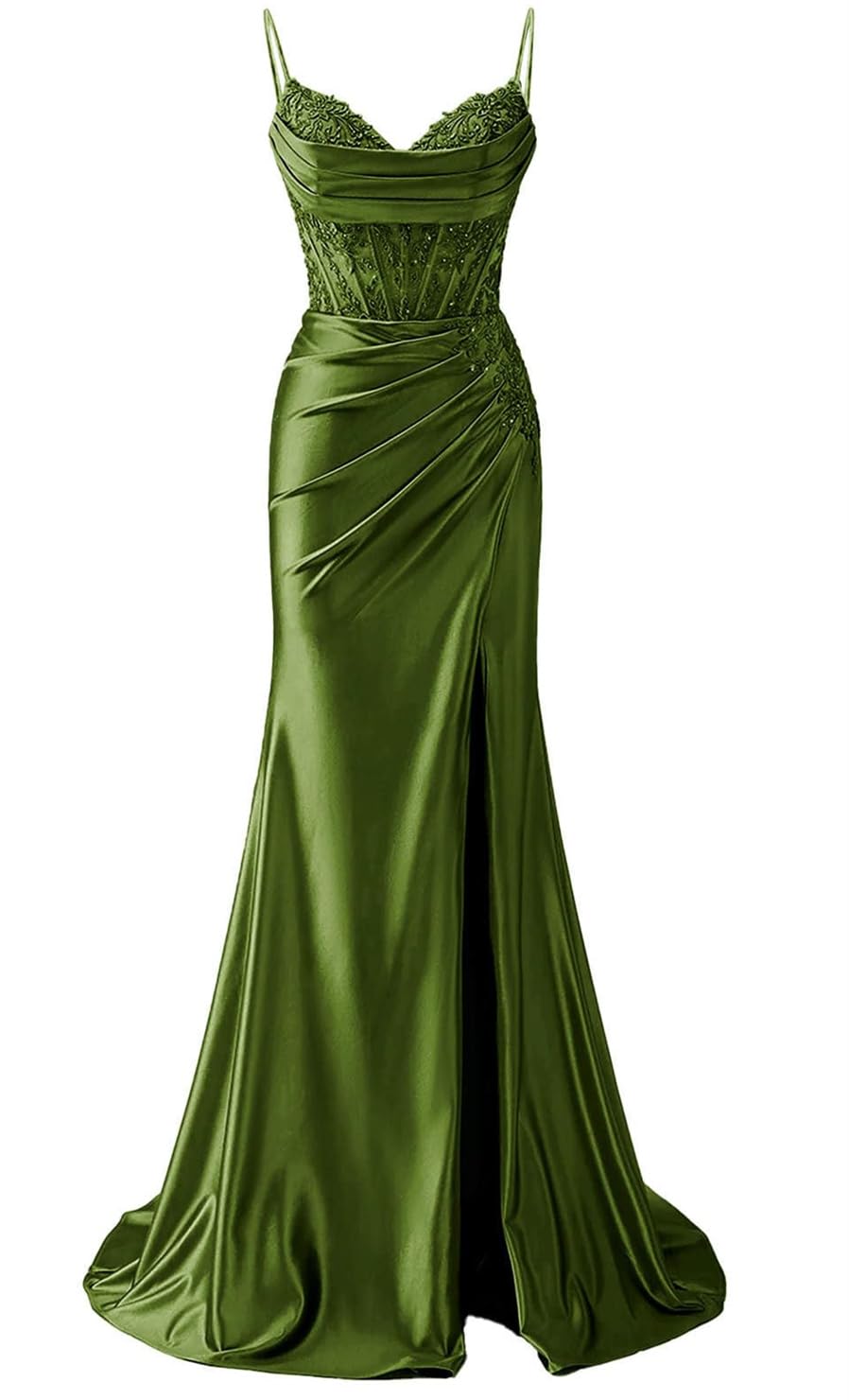 Yiann Women's Olive Green Prom Dresses With Slit For Teens Lace Applique Satin Celebrity Pageant Dress Corset Long Formal Gown Uk10