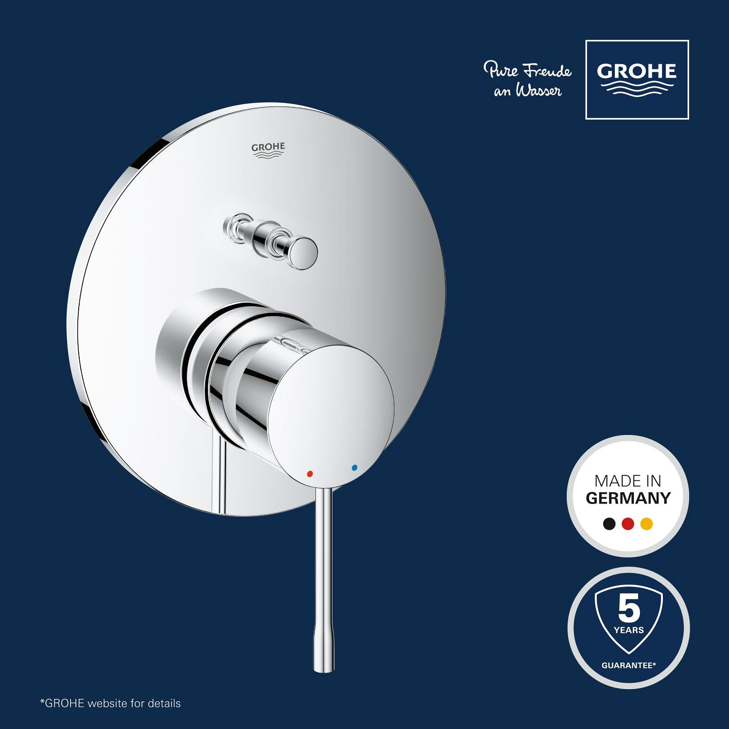 GROHE Essence - Grifo de bañera para 2 salidas (Grifería de baño con inversor automático: bañera/ducha, mezclador monomando con acabado duradero), cromo, 24058001
