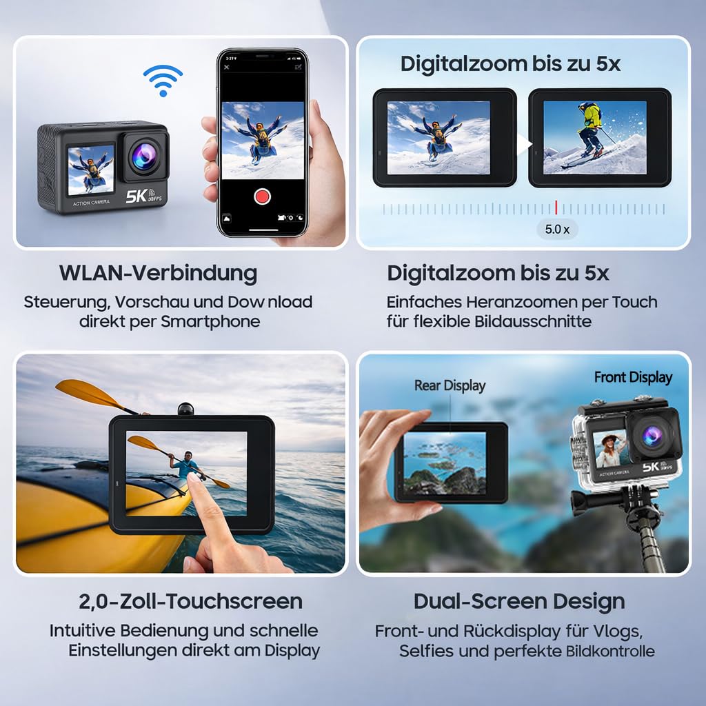 Action Cam,unterwasserkamera,Unterstützung 4K 60FPS,50MP WiFi,170° Ultra Weitwinkel Full HD mit EIS, 2.4G Fernbedienung,für Fahrrad Motorrad