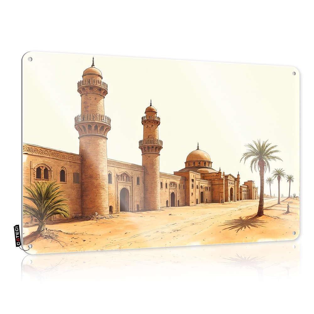 Fzfn Men's Colour Mancave Stuff For Entryway Tin Metal Decor - A Desert Scene With A Mosque, Minarets, And Palm Trees Reusable Rustic Wall Hanging(30X40cm)