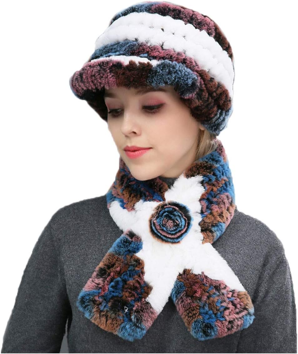 Women's Real Rex Rabbit Hair Knit Hat Visor Cap and Scarf 1 Set