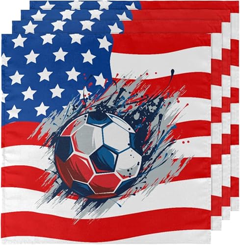 Miniatura 5 de Cloth Napkins Set of 6 American Flag Soccer 20x20 Inch Cloth Napkins Sports Ball Washable Reusable Kitchen Dinner Napkins Table Decor for Wedding,