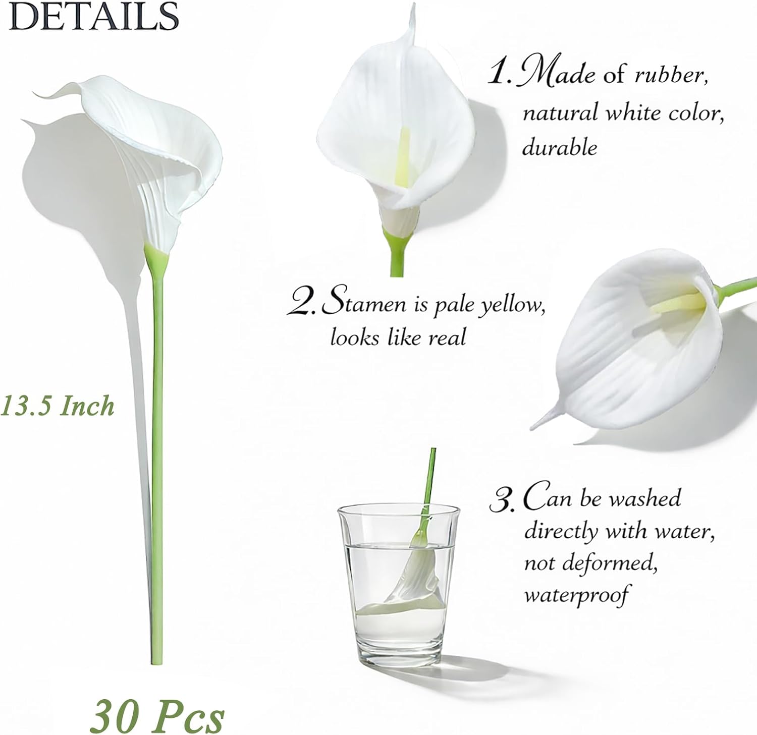 Heleze 30 PCS Artificial Calla Lily Flowers Bouquet Faux Branches for Vase Fake Flower 13.5" Real Touch for DIY Mother's Day Wedding Party Decoration Pure White
