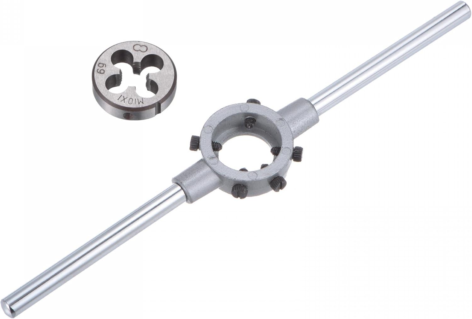 uxcell Die Stock Handle Wrench Set, M10 x 1 Threading Round Die and 30mm (Fit M10-M11 Dies) Holder Adjustable Wrench Hand Tool