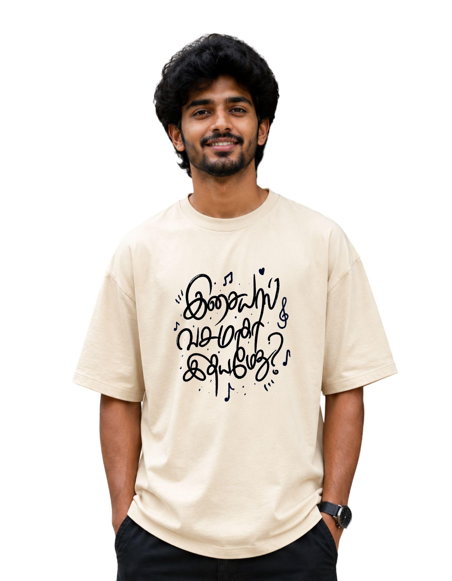 Oversized Graphic T-Shirt for Men and Women | Tamil Printed Music Tshirt | Isaiyaal Vasamaaga Idhayam Ethu ISAI Premium Cotton Ilayaraja AR Rahman Yuvan Music Quote T Shirt-picture-36