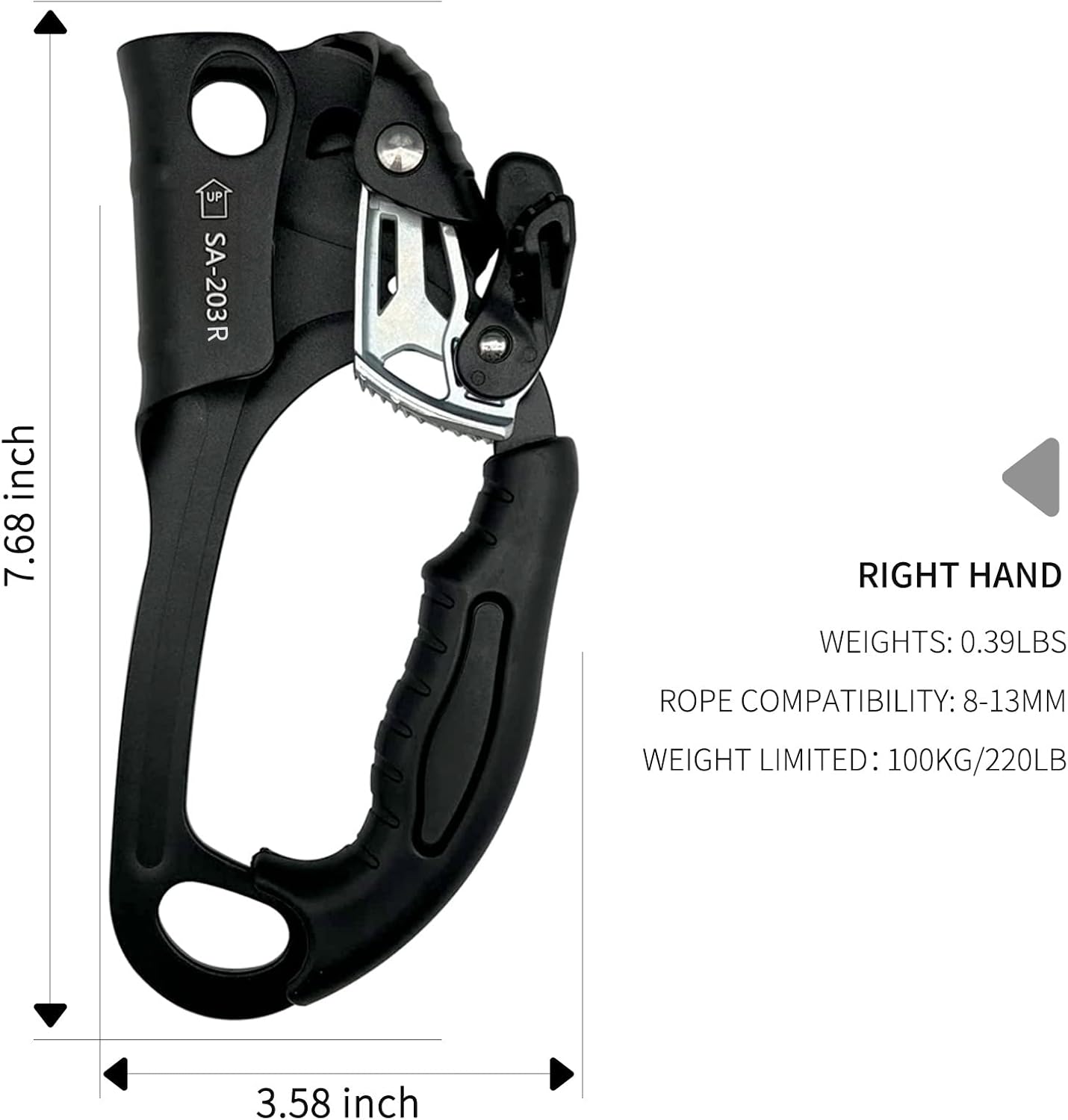 S.E.PEAK Hand Ascender CE Certified Strong Rappelling Gear Equipment with Ergonomic Rubber Handle for Rock Climbing Tree Arborist, Climbing Rescue Caving, Mountaineering, 8~13MM Rope, Right Hand，Black : Sports & Outdoors
