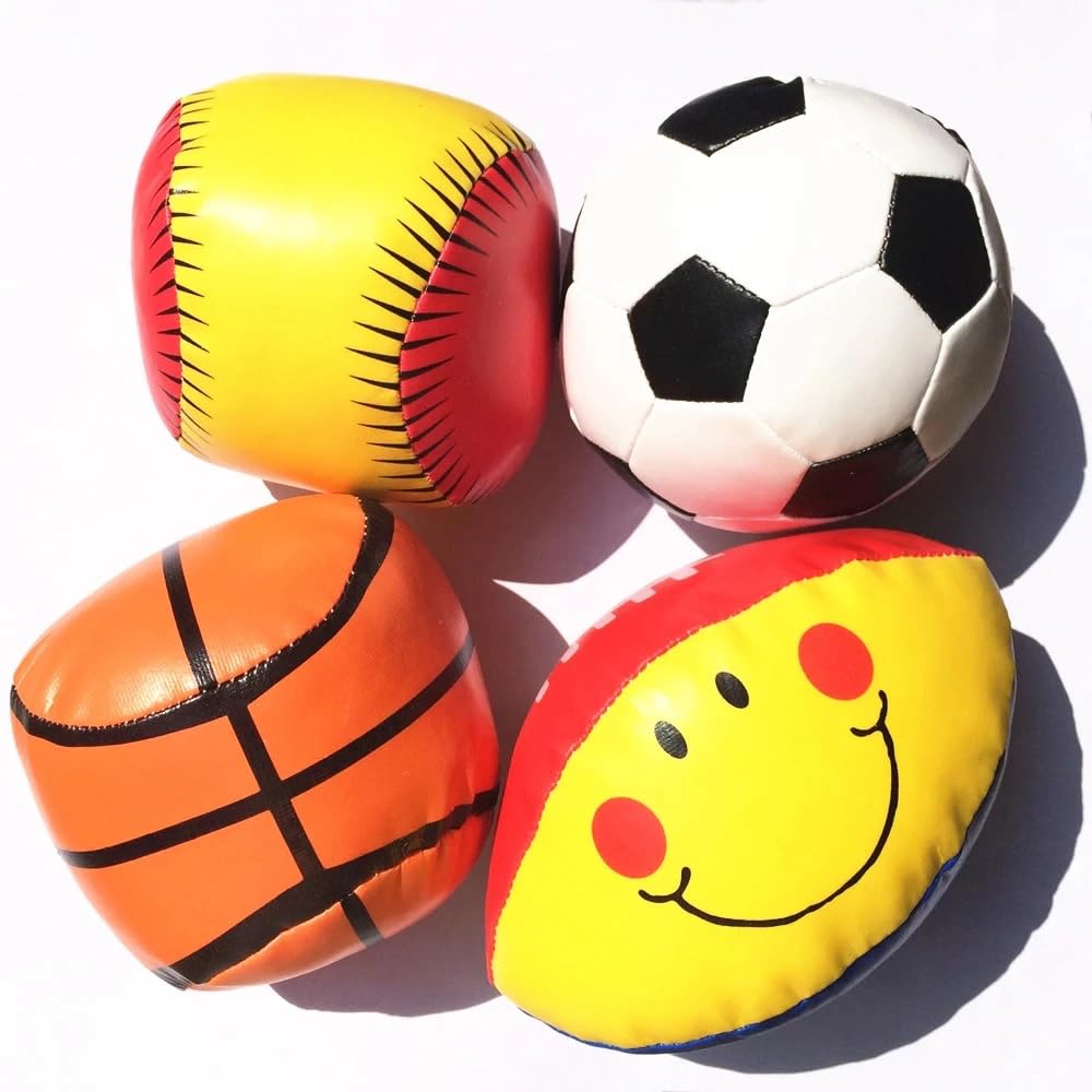 Assorted Mini Plush Sports Balls Small Soft Stuffed Kids Balls Football Baseball Basketball Rugby (Pack of 4 - Design and Color May Vary)