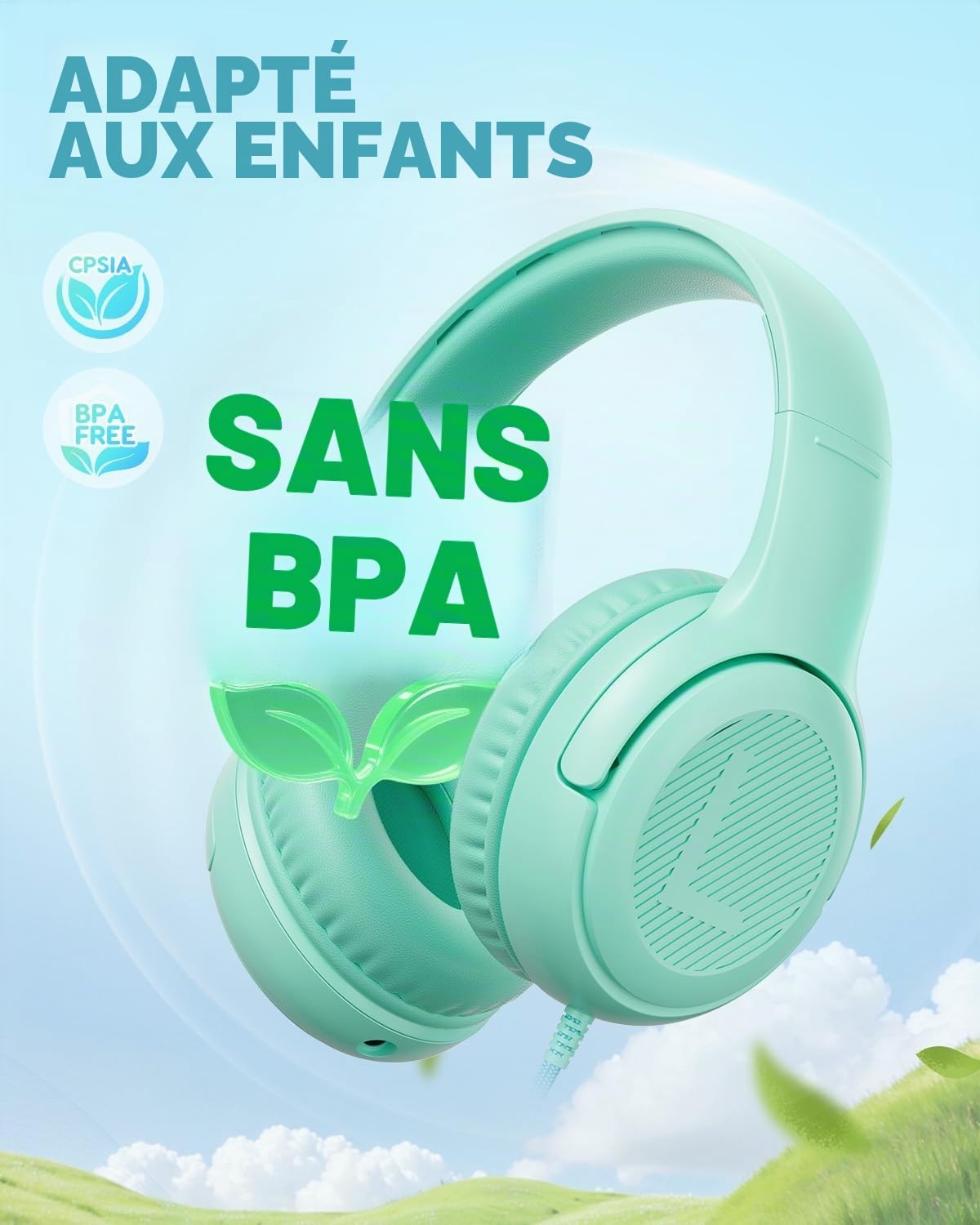 awatrue Casque Audio Enfant, Casque Enfant Filaire avec Volume Limité 85/94db, Fil 3.5 Mm, Pliable, Partager l’Audio, Micro Integré pour Ipad/Voyage/Tablette/Téléphone, Vert