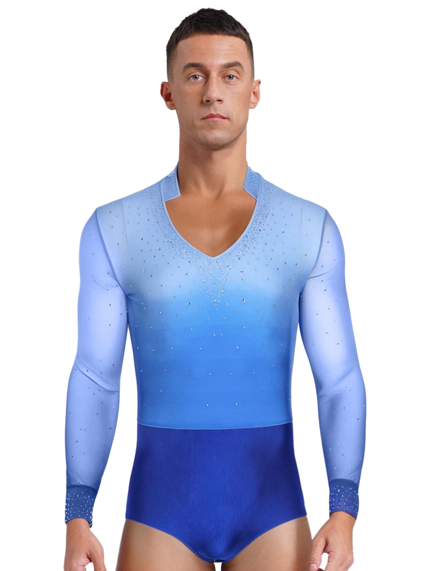 Body Danza Uomo Con Strass - Leotard Per Balletto, Latino E Moderno, Maniche Lunghe In Rete - Foto 2