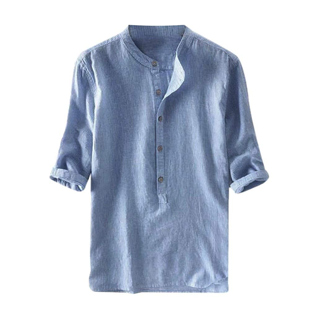 HUTcPNy Camisa Verano Hombre Cuello Mao, Camiseta para Hombre con Mangas Corta Camisa Verano Hombre Lino, Botones Hawaiana Casuales Camisas Estampado Vintage Informal Azul Claro,3XL