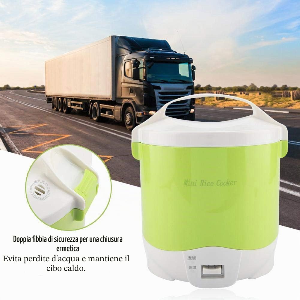 Fornello di Riso Multifunzionale Portatile Elettrico 24V 180W 1.6L Fornello a Vapore per Alimenti Fornello per Cereali di Riso Multi-fornello per Auto Camion(verde)