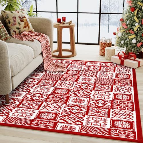 Christmas Area Rug 2x3 Red Snowflake Holiday Decorative Doormat Entryway Kitchen Washable Non Slip Soft Low Pile Small Carpet for Living Room Bedroom Entrance Dining Room Bathroom
