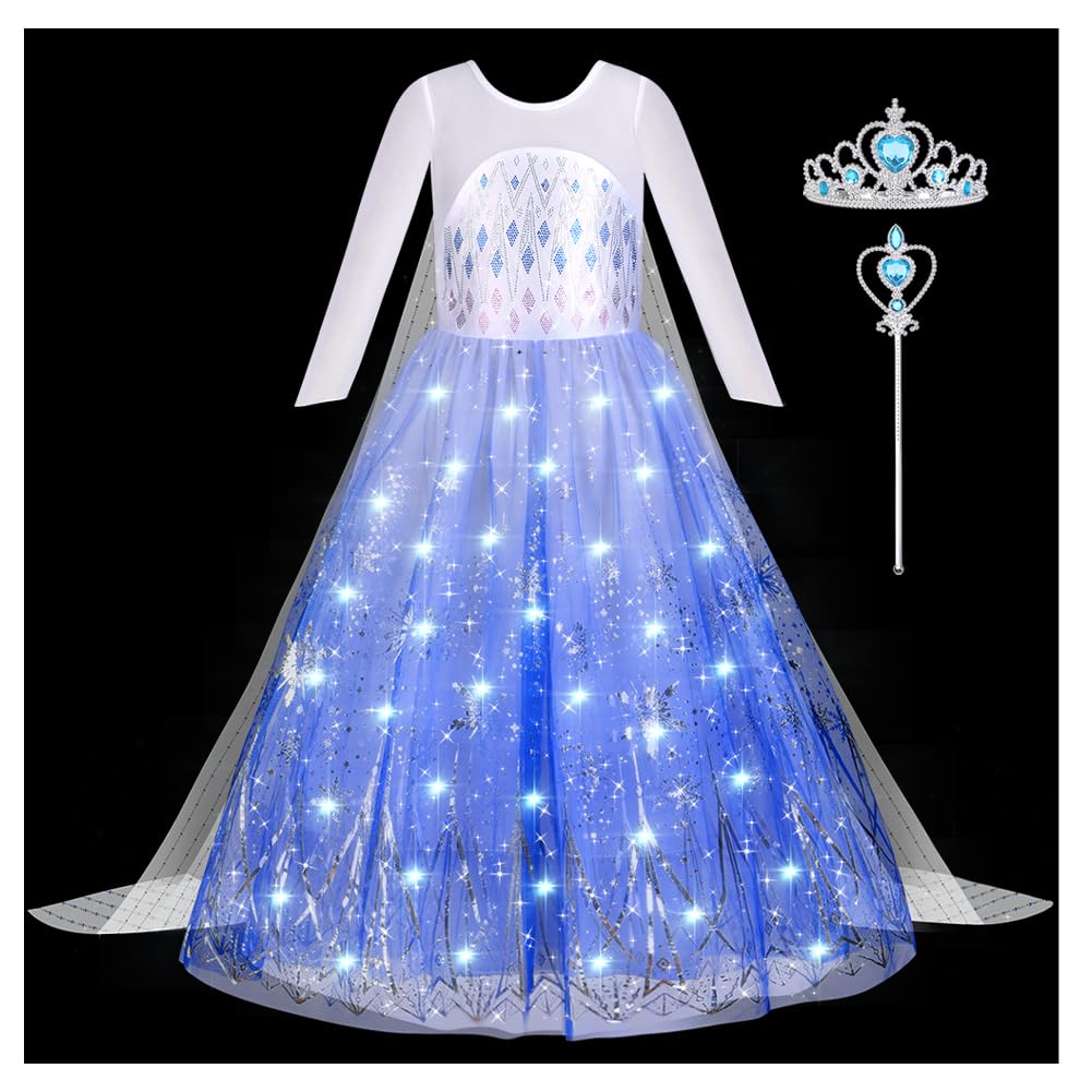 Aomig Princess Costume for Girls, LED Light Up Elsa Princess Dress, Luminous Princess Dress with Blue Crown Scepter, Elsa Costume Princess Fancy Dress for Kids Halloween Christmas Cosplay Gift(3-8 Y)