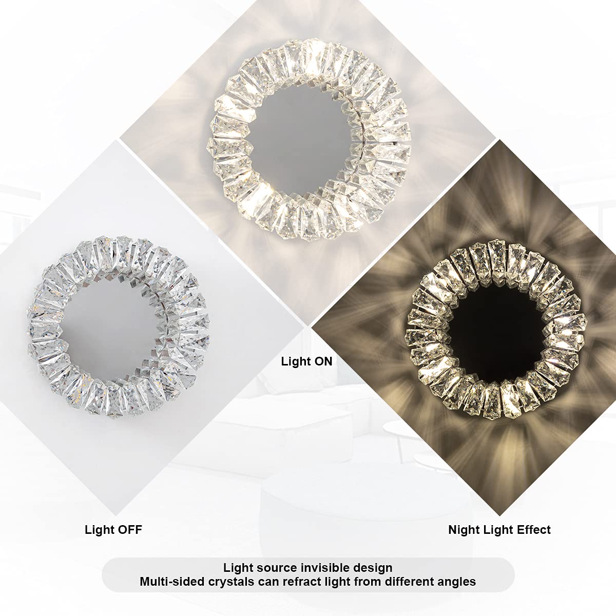 Modern LED Crystal Ceiling Light Fixture Flush Mount,Chrome 11.8'' Round Led Close to Ceiling Light Fixtures for Dining Living Room Bedroom Hall Kitchen Foyer,4000K,Bulbs Included