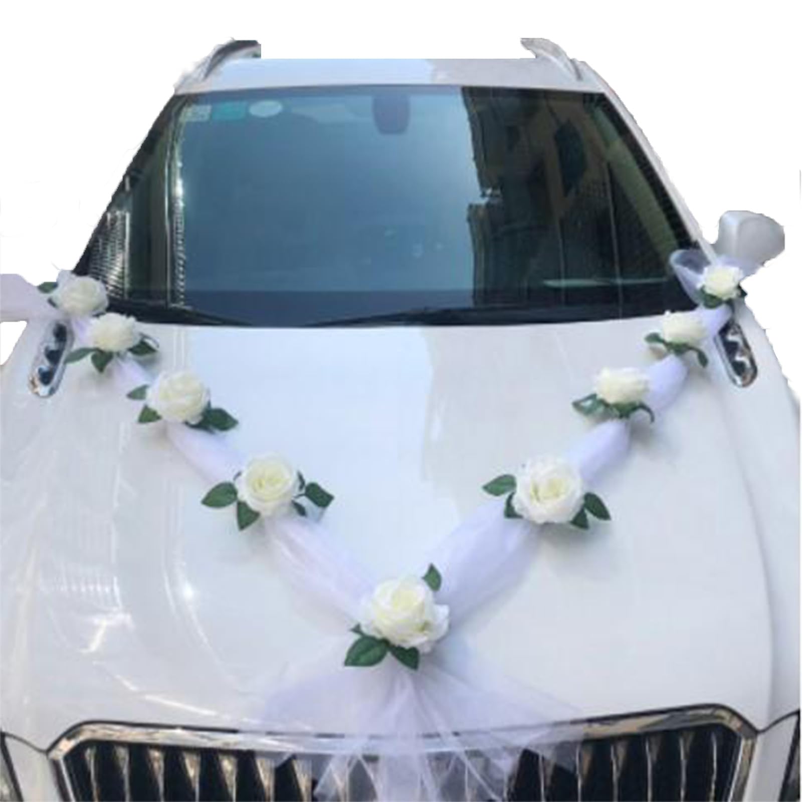 Kit de decoración de coche de boda blanco, decoración de coche de boda de campo, decoración de boda de tul para coche de boda, kit de decoración de coche de boda, con 9 rosas, 2