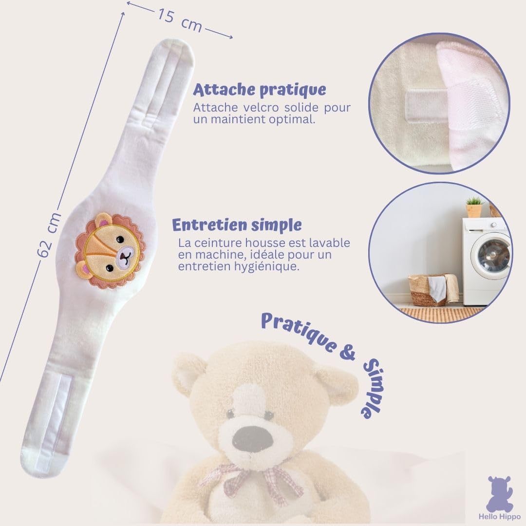 Hello Hippo - Bouillotte Noyaux de Cerise Bébé - Ceinture Chauffante Sèche Anti-Colique pour Nourrisson, Micro-Ondes ou Four, Hypoallergénique et Lavable (Lion)