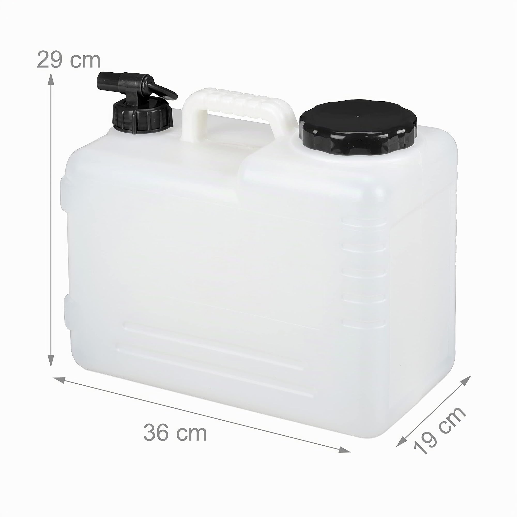 Relaxdays Tanica con Rubinetto, 15 Litri, Plastica Senza BPA, Coperchio, Manico, Bottiglia Viaggio Camping, Bianco Nero