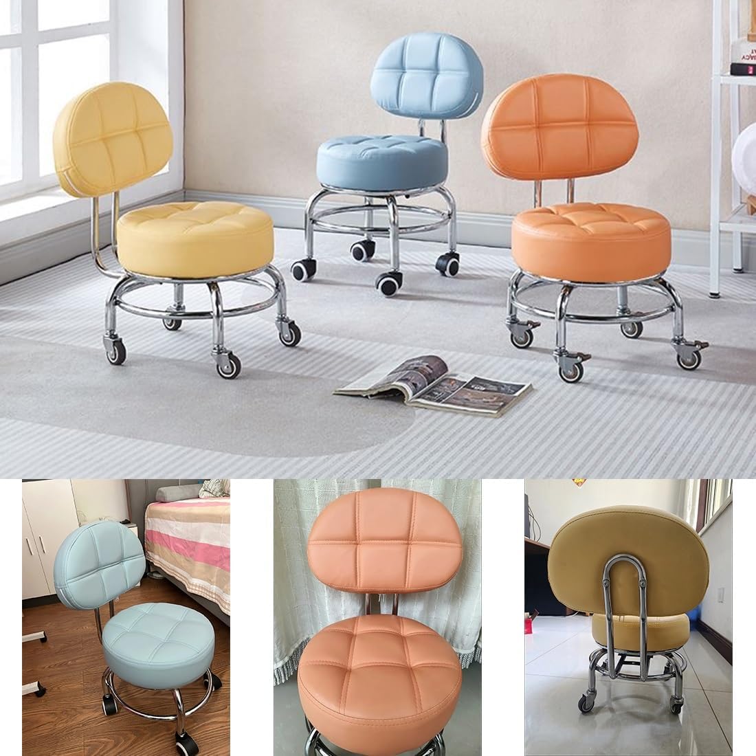 Modern Low Back Rolling Stool Synthetic Leather Short Rolling Chair for Garage Home Garden Office Shop - Stylish & Functional Design,Yellow-One Size