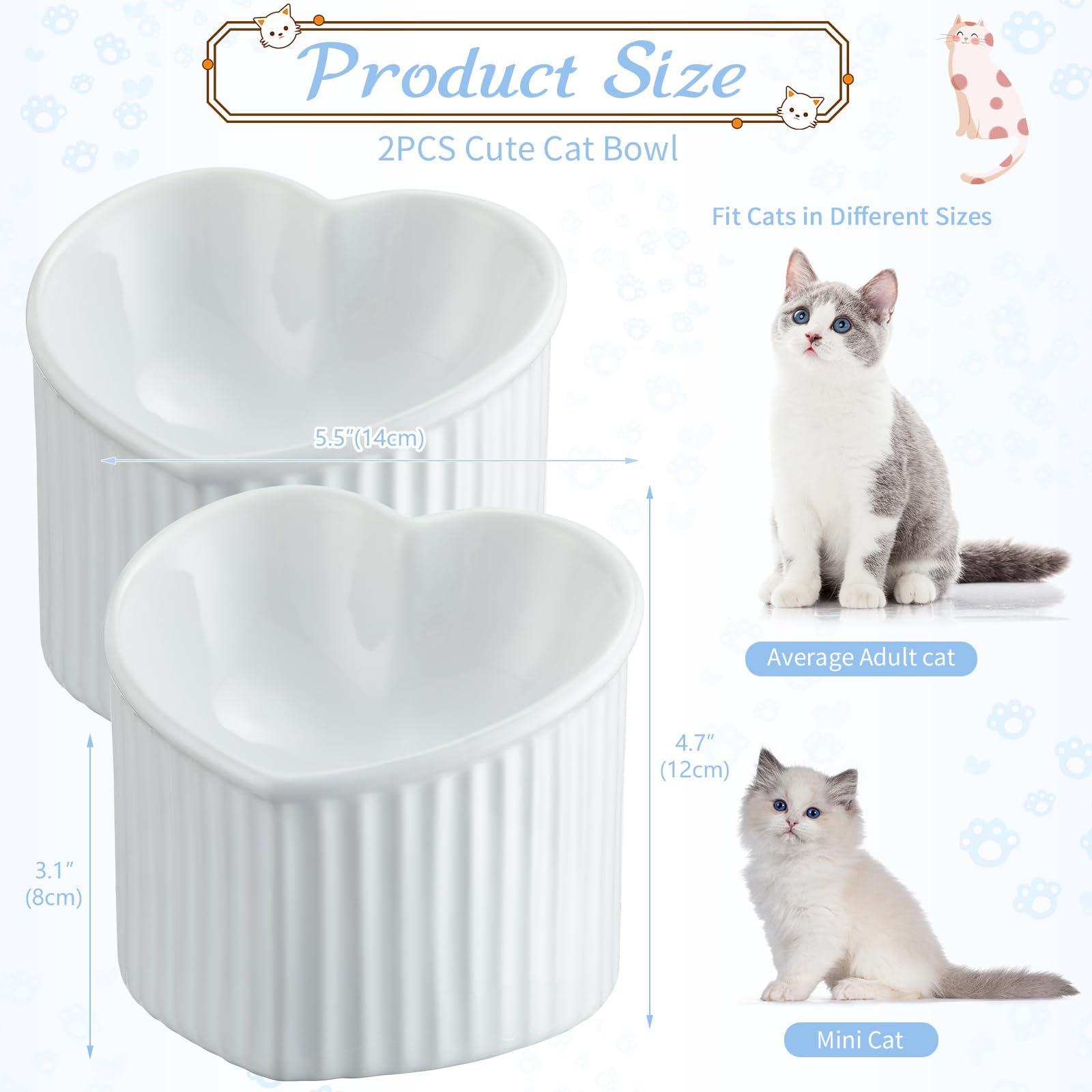 Mumufy 2 ciotole per gatti rialzate in ceramica inclinate rialzate per animali domestici, anti-vomito, per interni, senza stress, per cuccioli, a forma di cuore (bianco perlato)