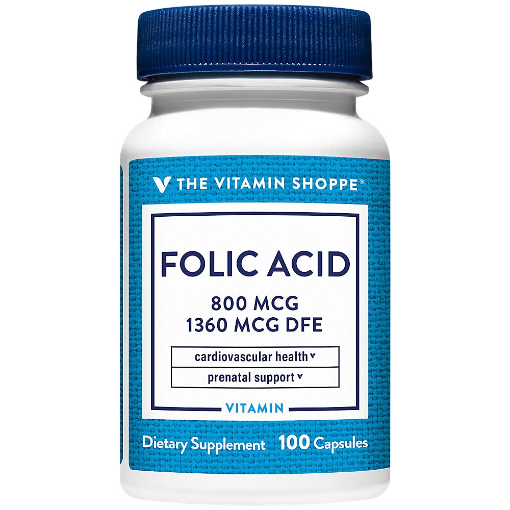 The Vitamin Shoppe Folic Acid 800MCG, Supports Prenatal Fetal (100 Capsules) 100 Count (Pack of 1)