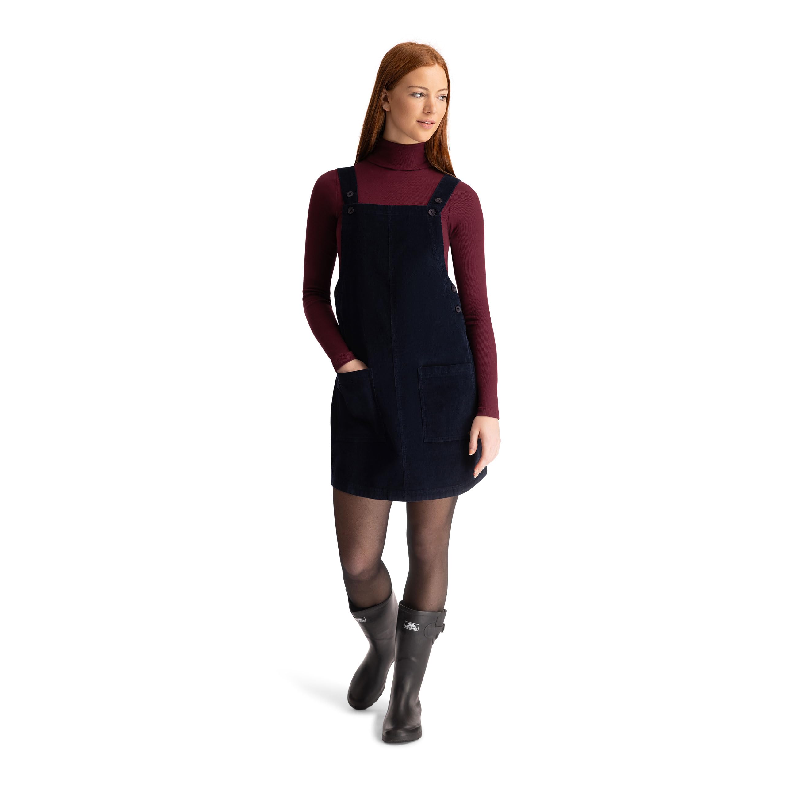 Trespass Womens Pinafore Dress Twirl - Corduroy, Button Fastening Straps, Button Fastened Sides, 2 Front Patch Pockets, 100% Cotton Navy
