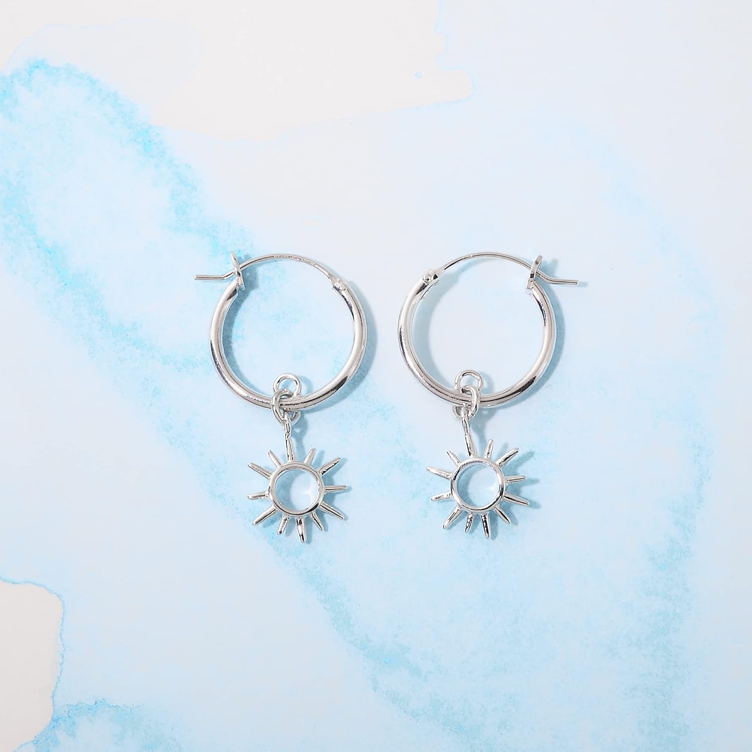 Boma Jewelry Sterling Silver Sunburst Sun Open Circle Snap Down Closure Tube Hoop Earrings