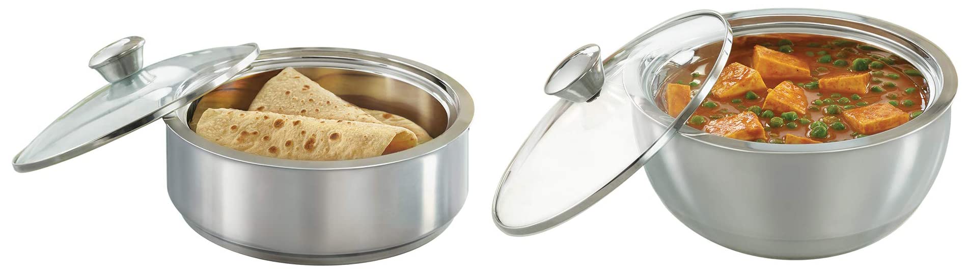 Borosil Stainless Steel Insulated Roti Server, 1.1 litres, Silver & Stainless Steel Insulated Curry Server, 900ml, Silve
