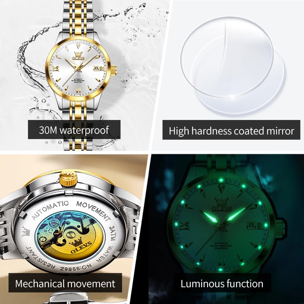 OLEVS Womens Automatic Watch Gold Luxury Diamond Self Winding Ladies Wrist Watches Waterproof Luminous Date - Image 6